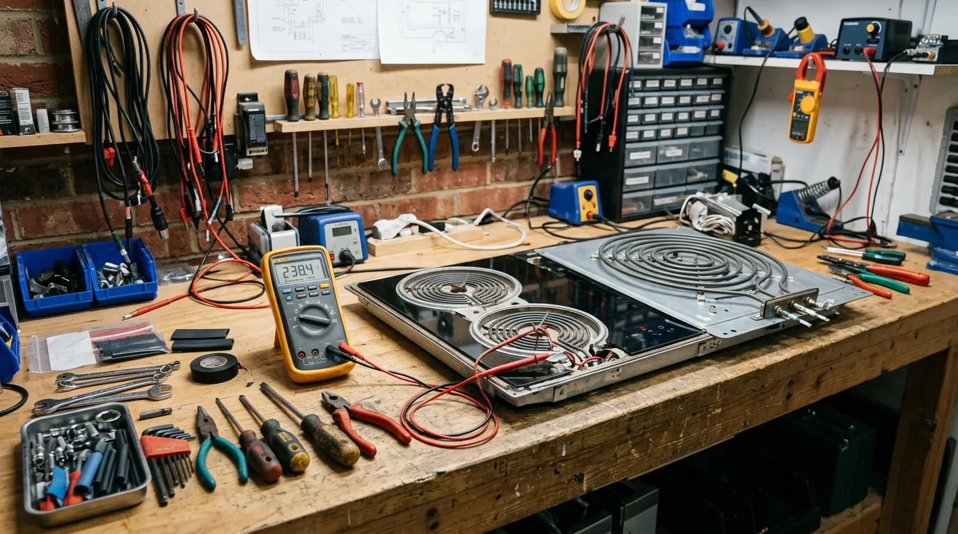 Electric cooktop and oven elements with repair tools, multimeter and diagnostic equipment on workbench, professional kitchen appliance repair workshop
