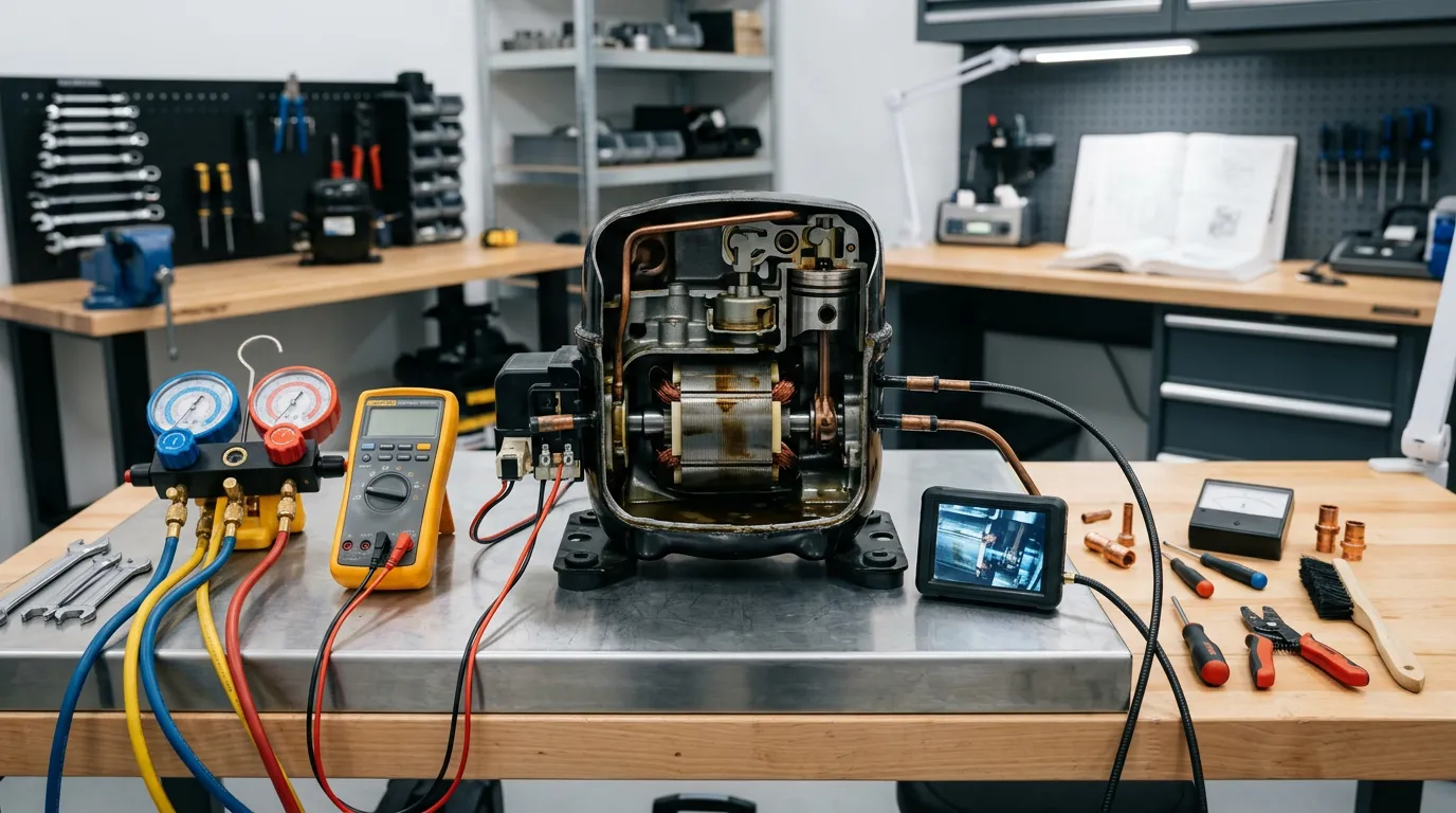 Refrigerator compressor and internal components being inspected by technician tools, professional diagnostic equipment on workbench, clean repair environment