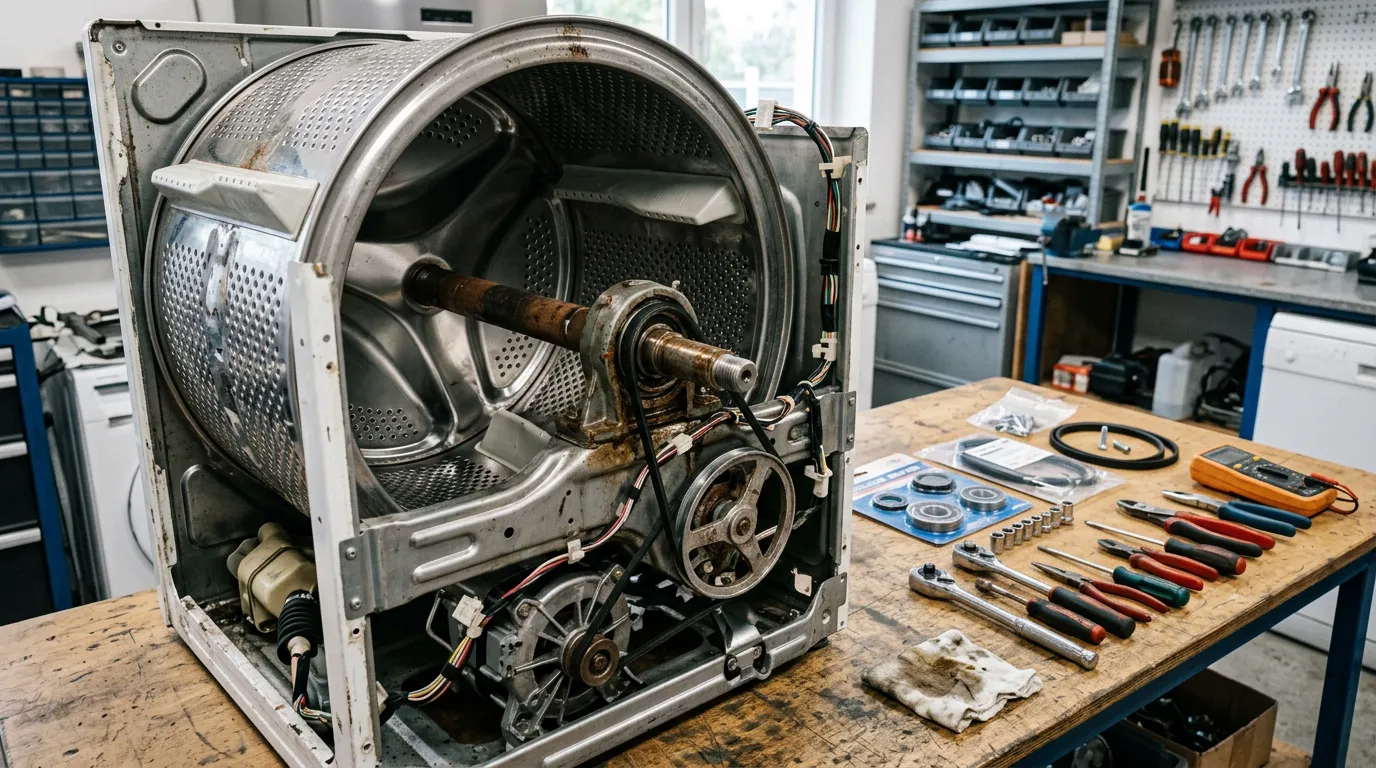 Close-up of washing machine interior drum mechanism, technician tools nearby, repair parts on workbench, professional maintenance environment